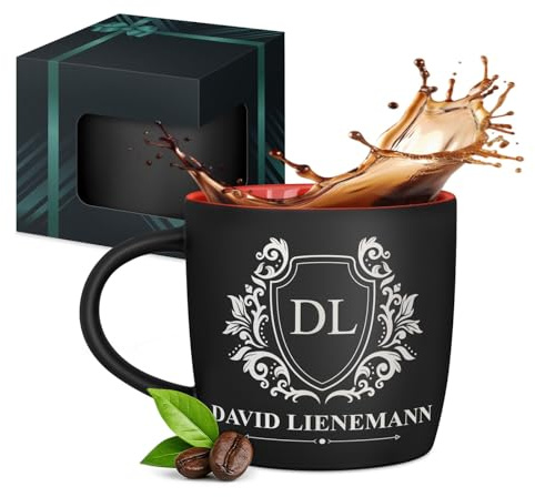 Maverton schwarzer Keramik Kaffeebecher 400ml mit Gravur, Kaffeetasse | Kaffeebecher aus Matt Keramik mit Henkel, Trinkbecher Männer zum Geburtstag zu Weihnachten, matt schwarz, Innen rot, Vorname