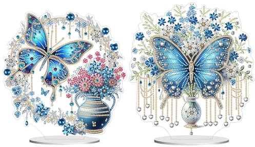 Lebartm 2Stück DIY Diamant Desktop Ornament Speziell geformter Kristall Diamant Kunst Malerei Tisch Ornamente Einseitiger Diamant für Heimdekoration-Schmetterling