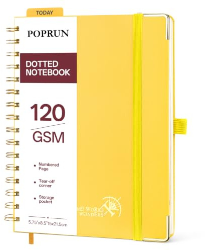 POPRUN Notizbuch A5 Dotted,120 GSM Papier, Hardcover Notizblock Spiralbindung, 141 Nummerierte Seiten, Notizbuch Gepunktet für Bullet Journaling, Büro & Studium, 15x21.5cm - LYW(Hellgelb)