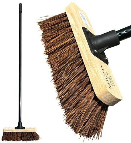 10” Stiff Broom Outdoor Garden Broom Heavy Duty with Metal Handle Natural Bassine Hard Bristle Yard Brush Factory Warehouse Floors Commercial and Industrial Strong Wooden Brush