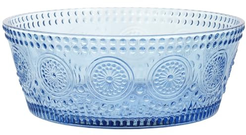 Boston International Vintage-Inspired Glass Serving Bowl with Embossed Floral Pattern for Salad Snacks Dinner, Large 7 x 2.75, Sky Blue Codi