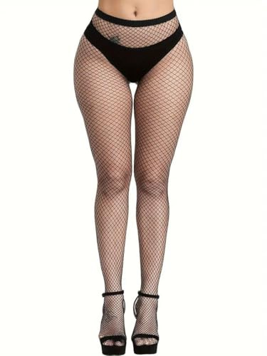 Boolavard nätstrumpor, hög midja tights för kvinnor, fisknät tights damer plus size en storlek passar alla, Svart, one size