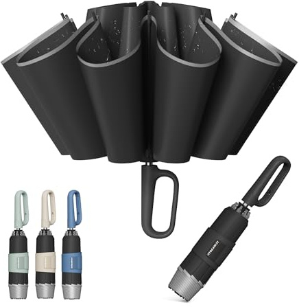 QWB TUMAAOTU Inverted Umbrella with Carabiner Handle, Compact Wind Proof Umbrellas For Rain and Sun Protection, Portable Reverse Folding Umbrella, Car Umbrella for Women Men, 10 Ribs (UV Black)