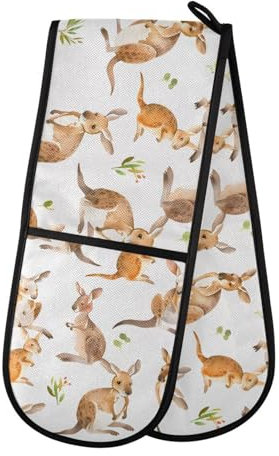 Ofenhandschuhe, doppelte Ofenhandschuhe, Cartoon-Känguru, weiß, hitzebeständig, gesteppt, für Grillen, Backen, Küche, Kochen, Handschuhe