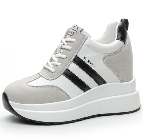 JAOOUU Zapatillas con Cuña Mujer Deportivas de Plataforma Zapatillas con Tacón Zapato Moda Casuales Transpirables Sneakers Altura Aumentada Tacón Cuña10cm Gris 34EU