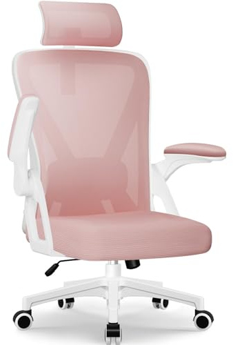 Airchros Bürostuhl,Bürostuhl Ergonomisch mit Verstellbarer Kopfstütze,Armlehnen und Lendenwirbelstütze, Schreibtischstuhl Drehstuhl Wippfunktion bis 135°,Chefsessel Rückenschonend, 150kg, Rosa