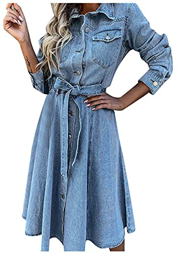 Jeansklänning midja dam – sommarklänning dam långa jeans – jeansklänningar dam sommar knälång – sommarklänningar med fickor omlottklänning A-linje elegant fritidsklänning 1/2 ärm klänning knappar