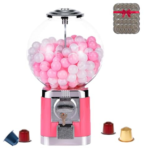 Distributeur automatique de capsules à pièces, distributeur de bonbons et de chewing-gums avec 100 pièces de jeu, verrouillable, distributeur de gros chewing-gums à bulles pour boules de 3,2 cm(Pink)