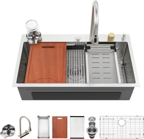 Lordear 33x19x9 Inch Waterfall Kitchen Sink Drop In Topmount Stainless Steel T304 16 Gauge Single Bowl Workstation Sinks with Built-in Accessories, Glass Rinser and Faucet Included