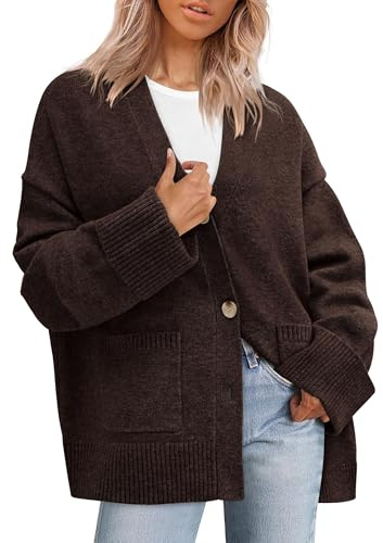 PRETTYGARDEN Women's 2026 Oversized Cardigan Sweaters Trendy Chunky Knit Long Sleeve V Neck Button Down Fall Winter Outfits (Brown,Medium)