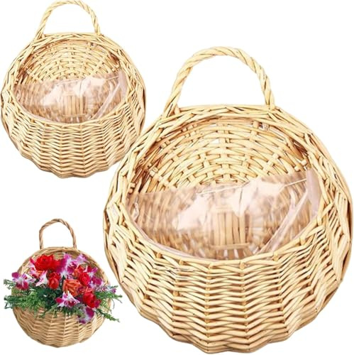 2 Stück Blumenampel Blumentopf Hängend aus Weide Hängetopf Wandkorb mit Griff Rattan Geflochten Hängende Pflanzkorb Hängeampel Wandblumentopf Hängeblumentöpfe Blumenkorb für Innen Außen (Beige, 20cm)