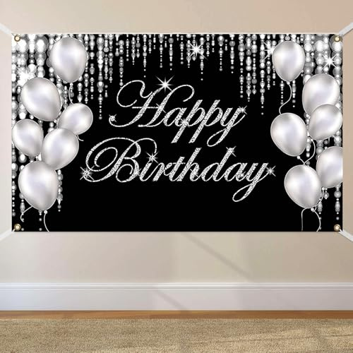 Geburtstag Banner Schwarz Silber, Happy Birthday Banner 180 x 110cm | Extra Große Banner Geburtstag, Happy Birthday Hintergrund Banner für Mädchen Jungen Frauen Männer Party Geburtstagsdeko