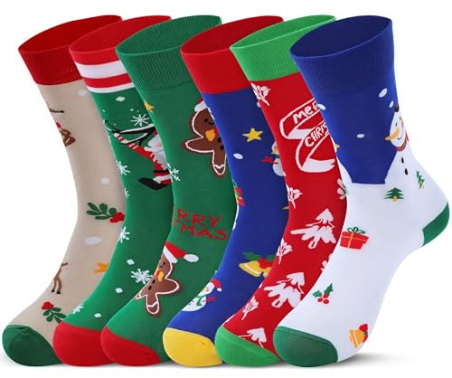 KONVINIT Calzini di Natale con Stampa Babbo Natale - 6 Paia Calze Natalizie Divertenti Taglia 37-44, Tessuto Traspirante, Perfetti come Regalo Unisex, Colorati, Caldi
