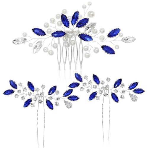 3 accessori per capelli da sposa, con perle di cristallo, forcine per capelli vintage con foglia blu, eleganti fermagli per capelli da sposa per donne e ragazze
