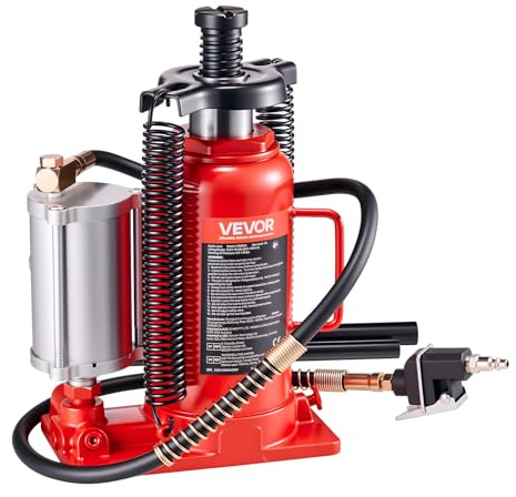 VEVOR Air Hydraulic Bottle Jack, 20 Ton (44092 lbs) Capacity, 10.2-19.5 Inch Lifting Range, Pneumatic/Manual Heavy Duty Welded Bottle Jack with Pump for Car, SUV, Pickup, Truck, RV, Auto Repair, Red