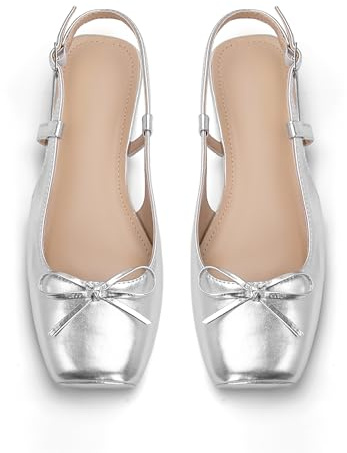 Lhamo Latso Silver Ballet Flats Bow Slingbacks Pumps 1 Inch Chunky Heel Square Toe Ballerina Flat Dress Shoes Cute Shoes Silver 7.5