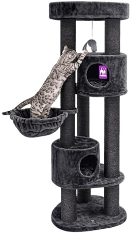 Petrebels Kratzbaum Dreieckig, Platzsparend, Charlotte 180 cm hoch, Schwarz | sehr stabil, Ø 12 cm dicke Stämme, mit XL Hängematte, Schlafhöhlen, Loungesofa, dicke Bodenplatte, für mehrere Katzen
