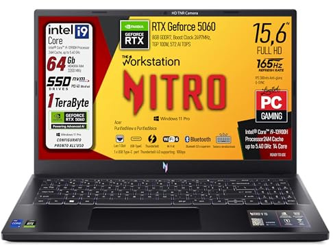 acer Notebook Gaming Nitro, Intel Core i9-13900H, fino a 5,4GHz, NVIDIA GeForce RTX 5060 8Gb GDDR7, RAM 64Gb, SSD 1Tb, 15.6 FHD IPS 165Hz, Wi-Fi 6e, Thunderbolt 4.0, Win 11 Pro, ready to use