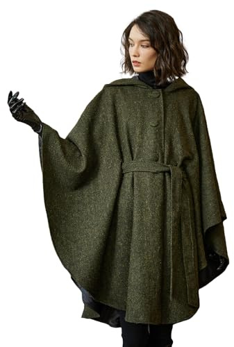 BEAUTELICATE Mantello con Cappuccio Donna Misto Lana Medievale Mantello Poncho con Cintura Taglie Forti Senza Maniche Antivento Cappotto Cardigan per Halloween Carnevale Autunno Inverno, Verde