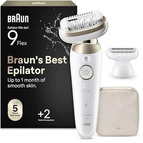 Braun Epilierer Damen Silk·épil 9 Flex, Ladyshaver 9-041 3D, Gold - 360° Flexibler Kopf für eine einfache Haarentfernung, Langanhaltend glatte Haut, Wasserdicht, Inkl. Etui und Trimmeraufsatz
