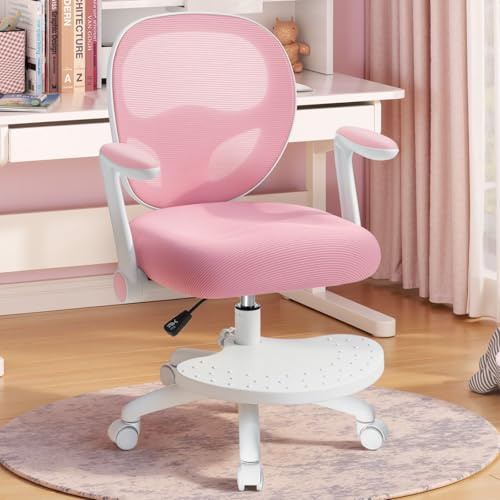 HOFFREE Silla de escritorio para niños, ergonómica, con reposabrazos plegable y reposapiés, giratoria, para niños y niñas, silla de mesa de malla para dormitorio, libros, rosa