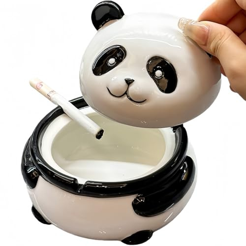 Vyloky Panda Aschenbecher aus Keramik mit Deckel - Niedliches Deko-Stück für gemütliche Abende im Wohnzimmer, Büro oder auf dem Balkon