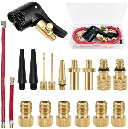 15-teiliges Fahrradventil Adapter Set, Autoventil Adapter, Französisches Ventil Adapter, Kompressor Ventil Adapter, Luftpumpe, Ballnadel und Kompressor Ventiladapter, Roter Schlauch 11cm + 25cm