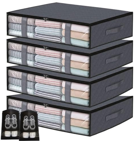 4er-Set Unterbett Aufbewahrungsboxen für Kleideraufbewahrung & Organisation | 40L Waschbare Unterbettkommode mit Klarem Deckel & Reißverschluss | Für Bettdecken Kleidung Bettzeug & Decken–15 cm flach