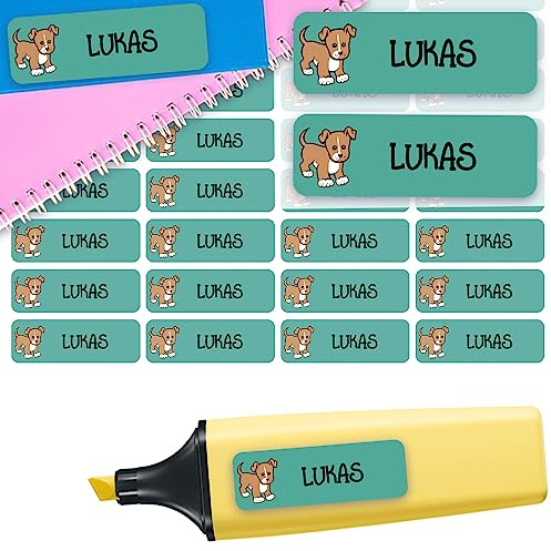 Namensaufkleber Hund personalisiert wasserfest 60 Stück Schule Kita Kinder | Namenssticker mit Wunschname für Brotdose Trinkflasche Stifte Schule Federmappe Kindergarten Schulstart spülmaschinenfest