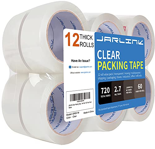 JARLINK Clear Packing Tape (12 Rolls), Heavy Duty Packaging Tape for Shipping Packaging Moving Sealing, 2.7mil Thick, 1.88 inches Wide, 60 Yards Per Roll, 720 Total Yards