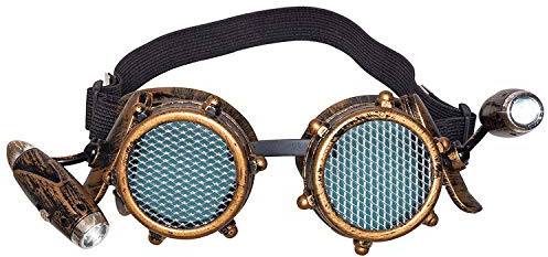 NET TOYS Außergewöhnliche Steampunk Brille mit Licht - Gold-Schwarz - Anspruchsvolles Unisex-Kostüm-Zubehör Gothic Fliegerbrille - Perfekt geeignet für Fasching & Karneval