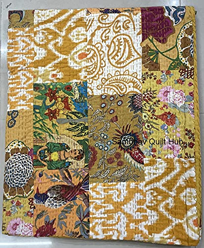 Multi Floral sortierte Baumwolle Patchwork Kantha Quilt Home Dekorative handgemachte Patch Gesteppt King Size Bohemian Bettwäsche Überwurf Decke Vintage Quilt (gelb, 228 x 274 cm)