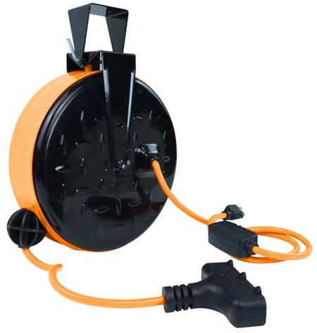 EP Sjtw Cavo di prolunga retrattile da 9,1 m, cavo di alimentazione 16/3 con 3 prese di corrente, montaggio a soffitto o a parete, interruttore automatico da 10 A, piastra metallica, certificato UL,
