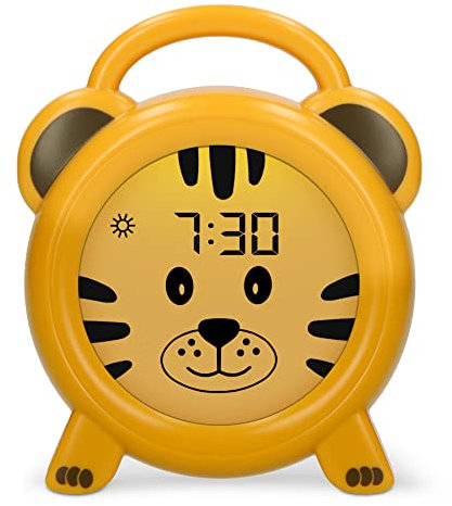 Alecto BC100TIGER - Pädagogischer Wecker Kinder - Schlaftrainer & Nachtlicht Kinder - Lernen von Schlafen und Aufwachen mit LED Kinderwecker - Gelb