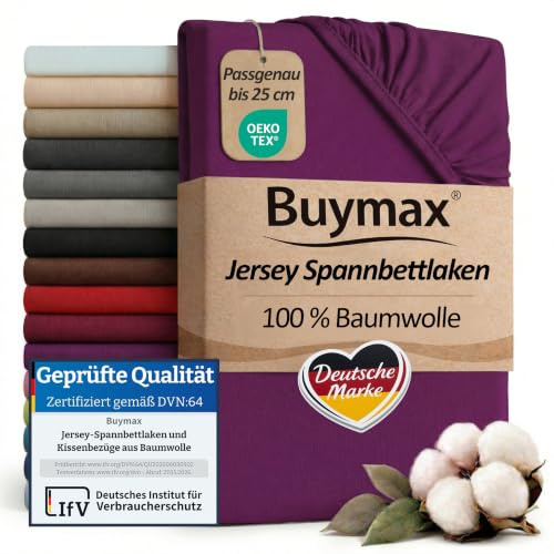 Buymax Spannbettlaken 180x200cm Baumwolle 100% Spannbetttuch Bettlaken Jersey, Matratzenhöhe bis 25 cm, Farbe Aubergine