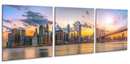 artissimo Glasbilder 3 teilig je 50x50 cm New York Skyline Sonnenuntergang AG5285A – Glasbild Set modern, mehrteilig, XXL Wandbilder, Wanddeko Bild urban