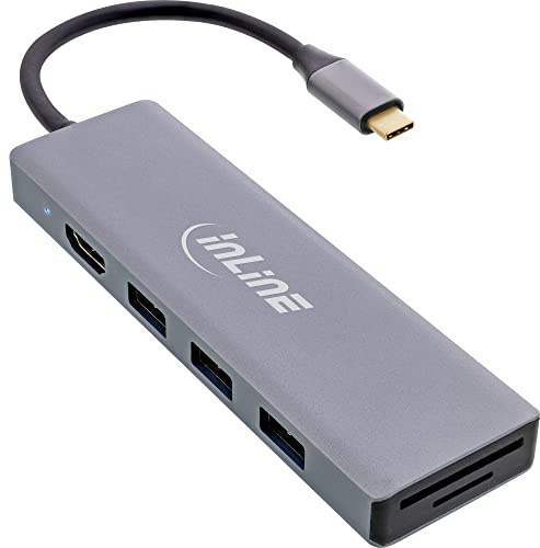 InLine® USB 3.2 Tipo C Multi Hub (3 x USB-A 5 GB/s + USB Tipo C (PD 100W), Lector de Tarjetas, HDMI 4K @ 30Hz), OTG, Carcasa de Metal