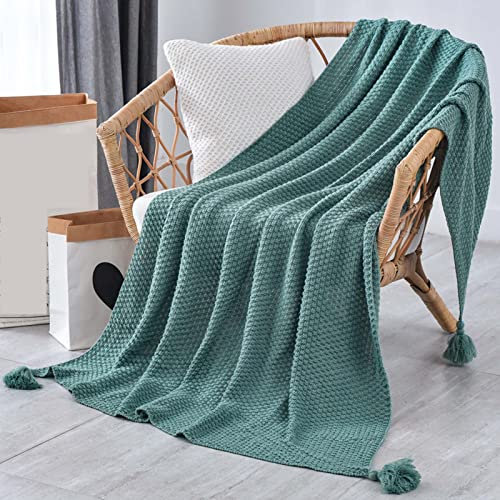 RGRE 110x240cm Gestrickte Überwurfdecke, Weiche Und Warme Gestrickte Decke - Strickdecke Sofadecke - Strickdecke Mit Bommeln - Wohndecke Kuscheldeck Couchdecke