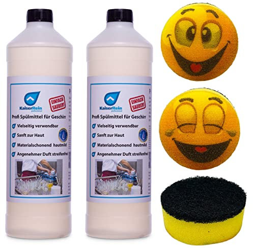 KaiserRein Spülmittel für Geschirr 2x1L und 2 Smiley Schwämme Konzentrat in der Flasche Profi Gastronomie Haushalt I Geschirrspülmittel I Geschirrreiniger I Extrem ergiebig