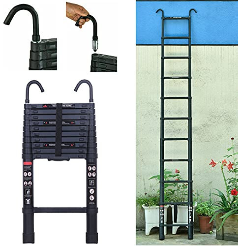 6,2m Aluminium Ausziehleiter Teleskopleiter mit 2 Haken, Anlegeleiter, Rutschfester Loftleiter Stehleiter, Tragbare Mehrzweckleiter, 150 kg Tragkraft, Schwarz