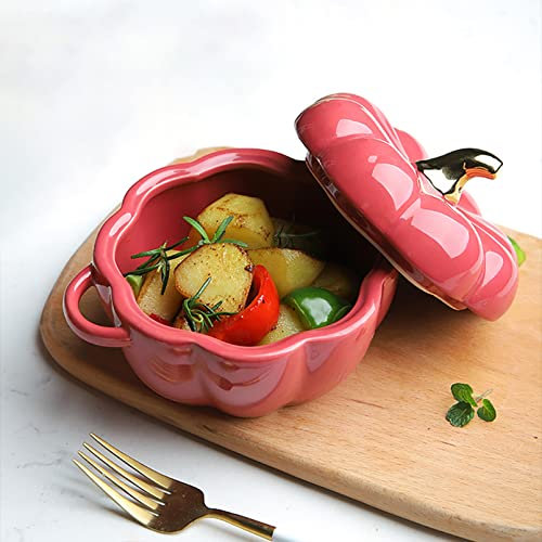 Cutfouwe Pumpkin Soup Bowl With Lid and Handles 16 Oz Ceramic Soup Bowls for Soup, Cereal and Stew, Ceramic Serving Bowl for Individual Soup Consumption,Pink