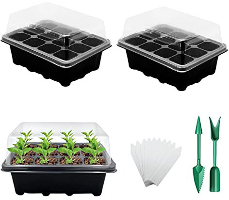 FainFun Vassoi Germinazione Mini Serra, 3 Pezzi Vassoio Mini Serra in Plastica con Coperchio, Kit di Mini Serra per Germinazione dei Pianta con 2 Piccoli Attrezzi da Giardino+10 Etichette per Piante