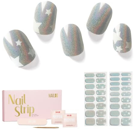 NAILOG Nagelfolie UV Härtend 34 Stück UV Nagelfolie - Shimmery Stars | 34 Streifen in 17 Größen, Gel-Nägel in Salonqualität zum Selbermachen, glänzend, HEMA-frei, vegan, einfach und sicher
