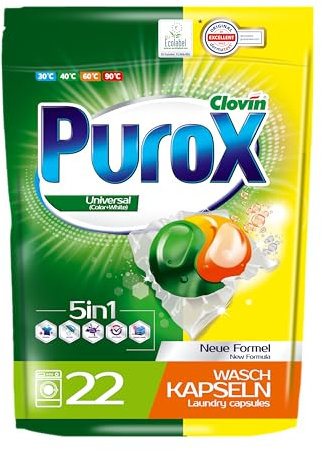 PUROX UNIVERSAL Wäschepods (22 Stück) – Waschmittel-Kapseln für alle Textilien, entfernt Flecken, schützt Farben, vollständig ausspülbar, umweltfreundlich, Doypack