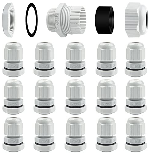 15 Pack Cable Glands M12, Hanibos IP68 Waterproof Cable Glands Nylon Compression Glands Connectors with Locknut and Washer Suitable for 3-6.5mm Cables White