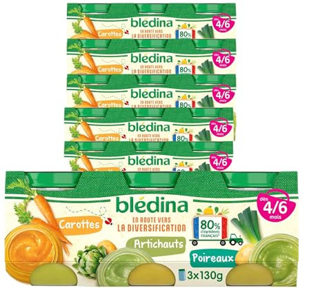 BLEDINA - Petits Pots pour bébé - Carottes, Artichauts, Poireaux - 80% d'ingrédients Français - De 4 à 6 mois - 18 pots x 130g