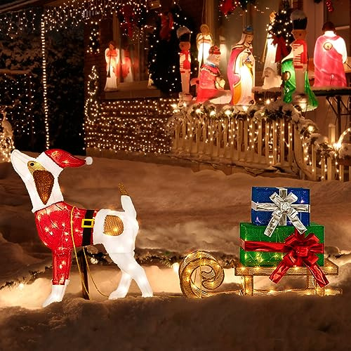 GYMAX Hundeschlitten und Geschenkbox, glühende Weihnachtsdekoration mit warmweißen Lichtern & solide Konstruktion mit Bodenspikes, Weihnachtsfigur in Stoff, Weihnachtsbeleuchtung für außen & innen