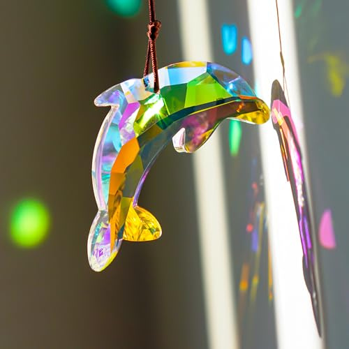 76mm Delfin Prisma Sonnenfänger – AB Beschichtung für Fenster & Garten | Kristall-Delfin Prismen, facettiert, AB-Farbe, handgefertigt. Ornament & Fensterdeko für drinnen & draußen. Mit Aufhängung.