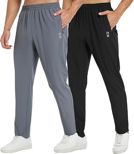 frueo 2 Pack Tracksuit Bottoms Men Lightweigt Jogging Trousers with Zipper Pockets Work Joogers Fit Sport Casual Sweatpants for Running Gym Training(0601) Black Grey-L