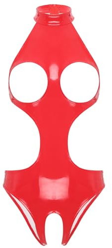 Freebily Damen Wetlook Body Brustfrei Latex Catsuit Kleid Ouvert Lackleder Bodysuit Nachtwäsche Pole Dance Nachtclub Outfit Rot XL
